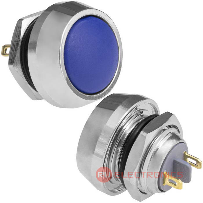 Кнопка антивандальная без подсветки RUICHI GQ12B-10/J/B/N, 1NO, ОFF-(ON) без фиксации, пос. диаметр 12 мм, контакты 2Pin, 2 А, 50 мОм, -20...+55 °C, корпус никелированная латунь, кнопка черная. RUICHI арт: 121266. Купить оптом